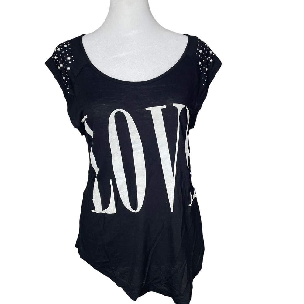 Ocasion Women Y2K Studded Love Graphic Streetwear Edgy Top Medium Black